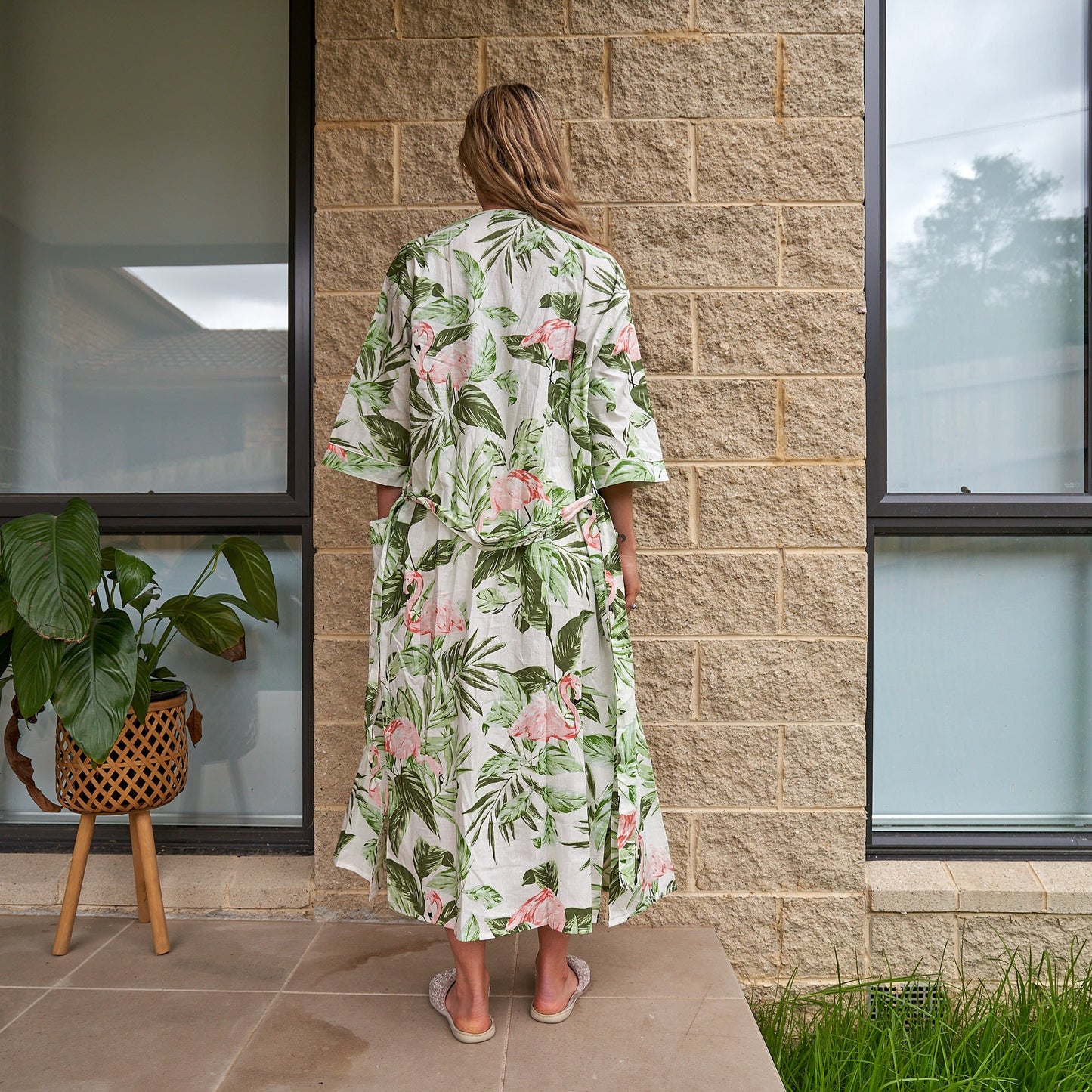 Flamingo Fantasy 100% Cotton Kimono Robe – Handmade Block Print Beachwear, Swimsuit Cover-up, Scarf, Shawl, and Versatile Beach Skirt