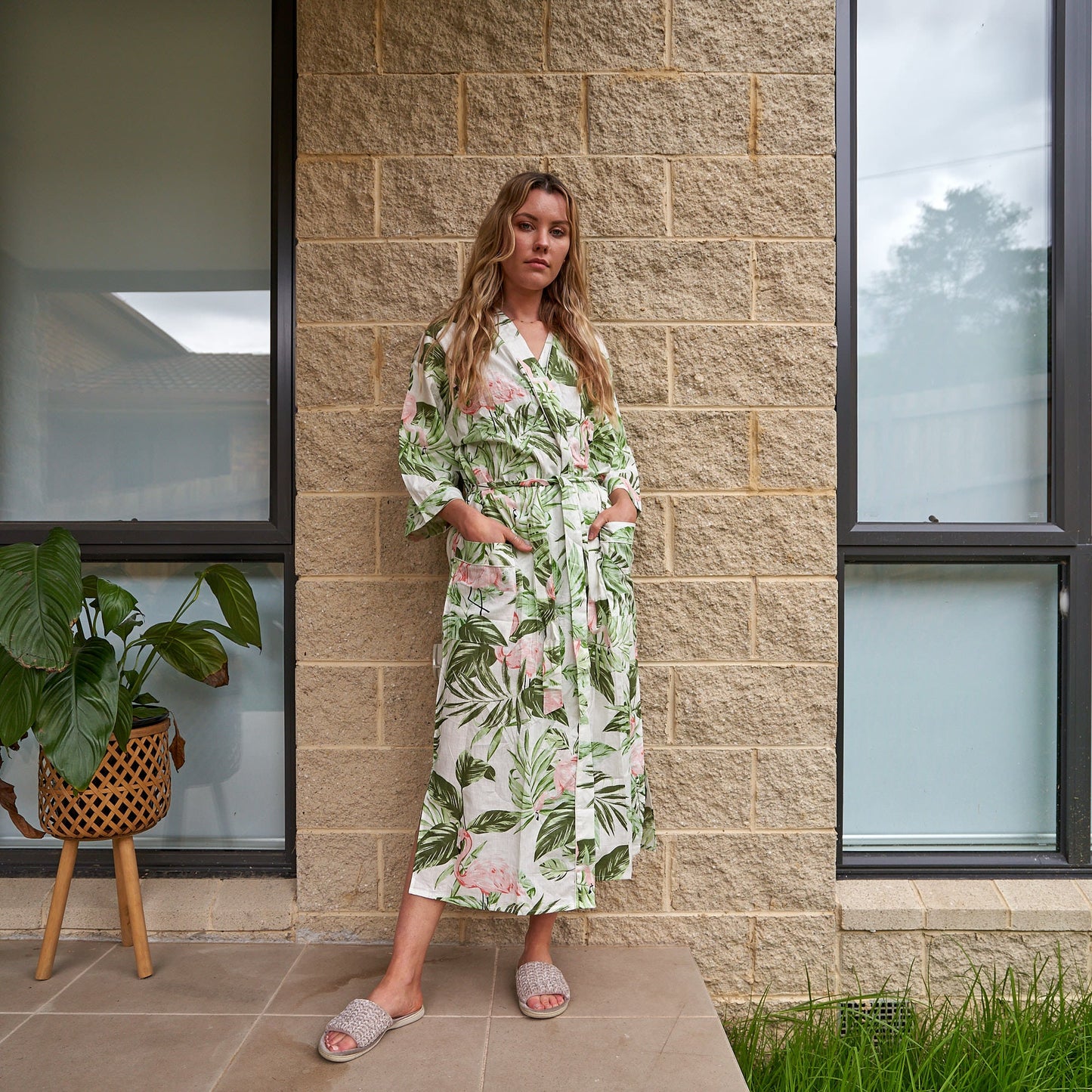 Flamingo Fantasy 100% Cotton Kimono Robe – Handmade Block Print Beachwear, Swimsuit Cover-up, Scarf, Shawl, and Versatile Beach Skirt