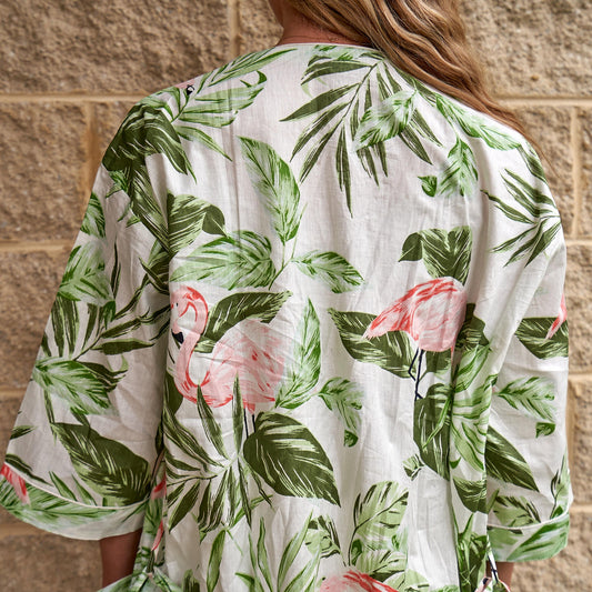 Flamingo Fantasy 100% Cotton Kimono Robe – Handmade Block Print Beachwear, Swimsuit Cover-up, Scarf, Shawl, and Versatile Beach Skirt