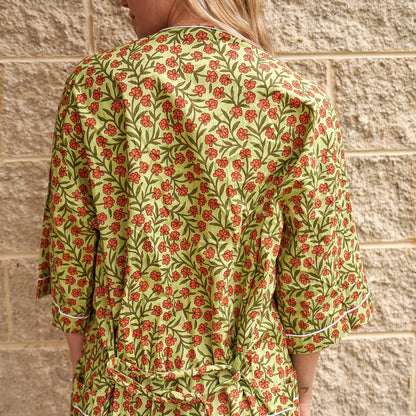 Delicate Floral Dreams Cotton Velvet Kimono Robe – Frida Kahlo-Inspired Hand-Printed Bird of Paradise Design, Versatile Loungewear