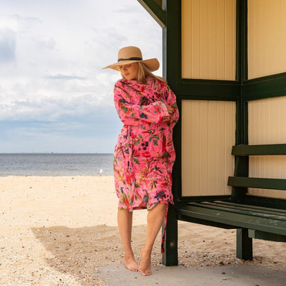 Fuchsia Bird Frida Kahlo Inspired 100% Cotton Velvet Kimono Robe – Soft, Versatile & Comfortable