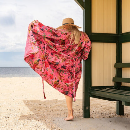 Fuchsia Bird Frida Kahlo Inspired 100% Cotton Velvet Kimono Robe – Soft, Versatile & Comfortable