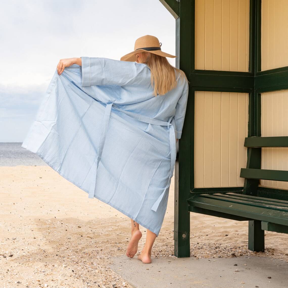 Unisex Sky Blue Waffle Linen Cotton Kimono Robe – Soft, Stylish & Comfortable for All Seasons