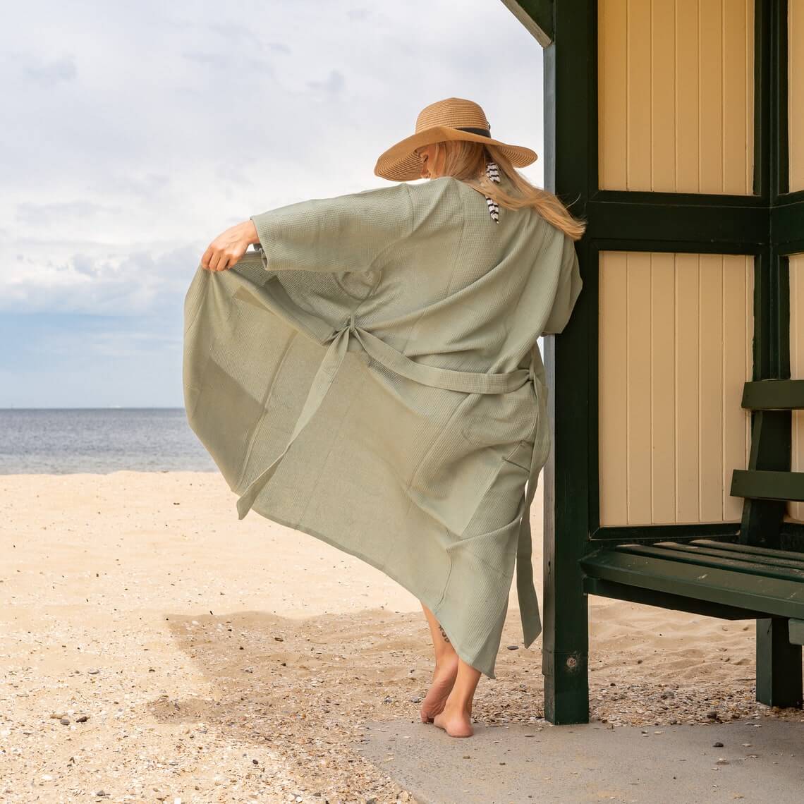 Unisex Pale Green Waffle Linen Cotton Kimono Robe – Stylish & Comfortable for Every Season