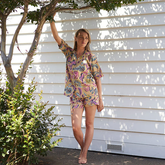 Floral Chic 100% Cotton Pyjama Shorts Set – Hand Screen Printed, Limited Edition, Gift Set with Shirt & Shorts, Sizes S, M, L, XL
