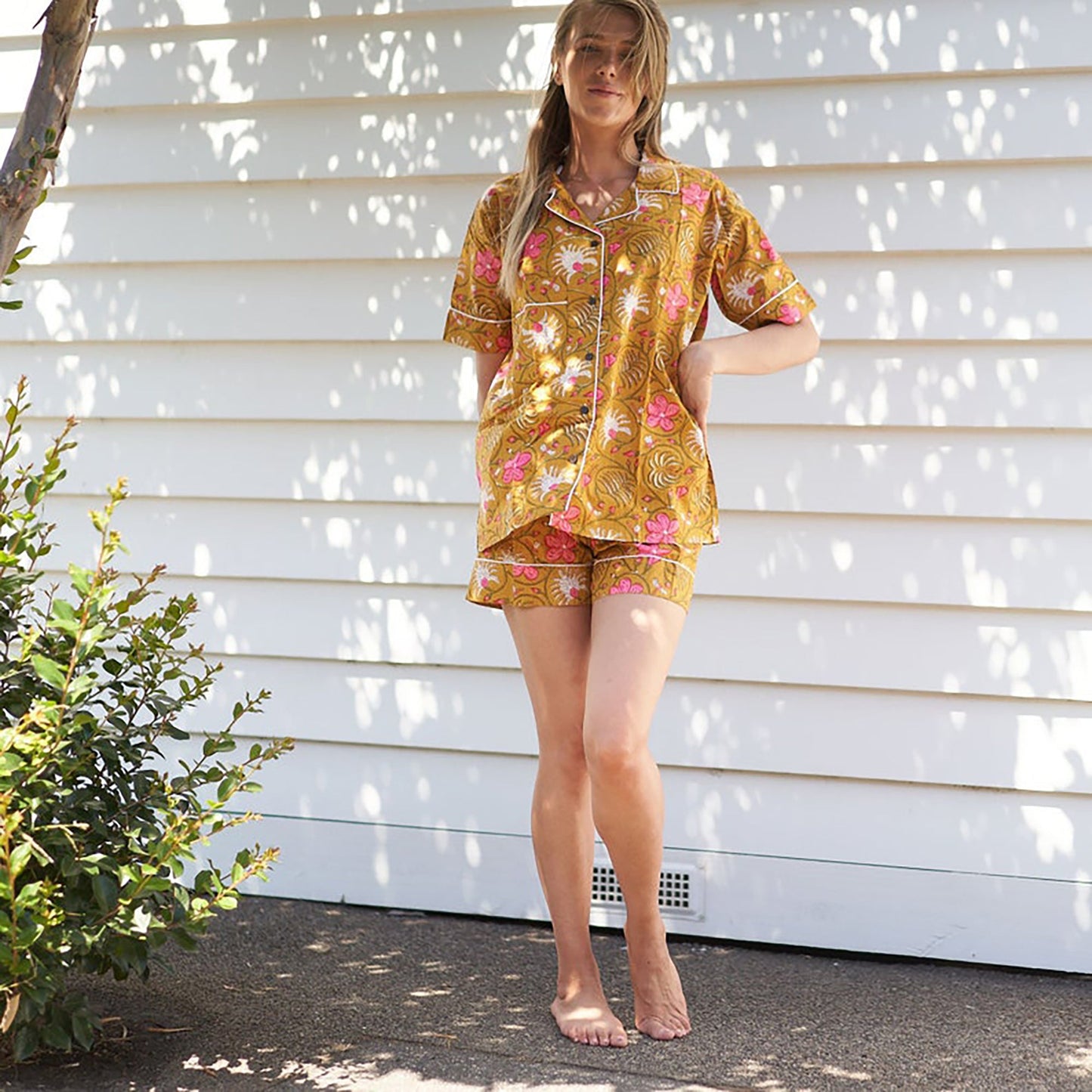 Botanical Retreat 100% Cotton Pyjama Shorts Set – Hand Screen Printed, Limited Edition, Gift Set with Shirt & Shorts, Sizes S, M, L, XL
