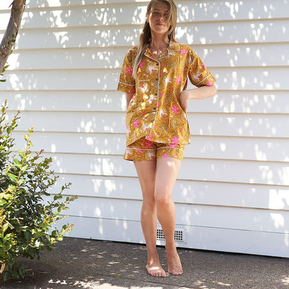 Botanical Retreat 100% Cotton Pyjama Shorts Set – Hand Screen Printed, Limited Edition, Gift Set with Shirt & Shorts, Sizes S, M, L, XL