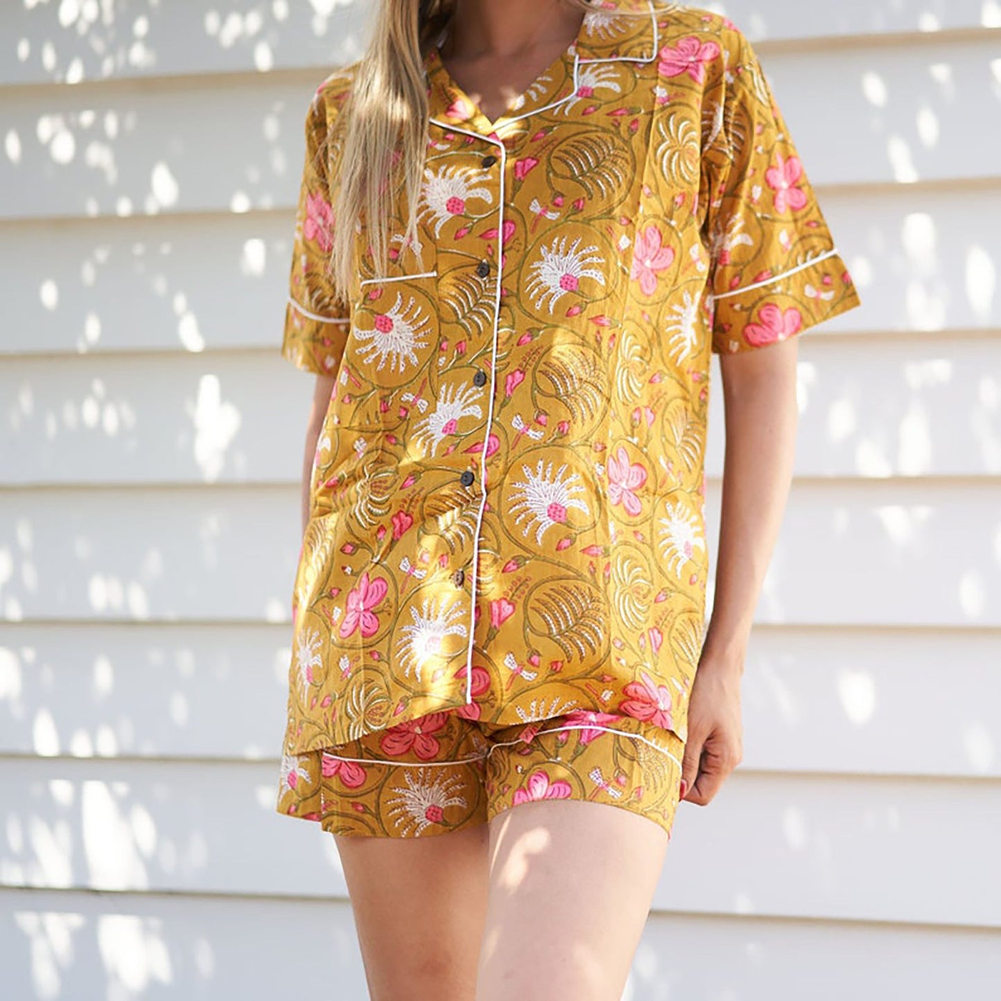 Botanical Retreat 100% Cotton Pyjama Shorts Set – Hand Screen Printed, Limited Edition, Gift Set with Shirt & Shorts, Sizes S, M, L, XL