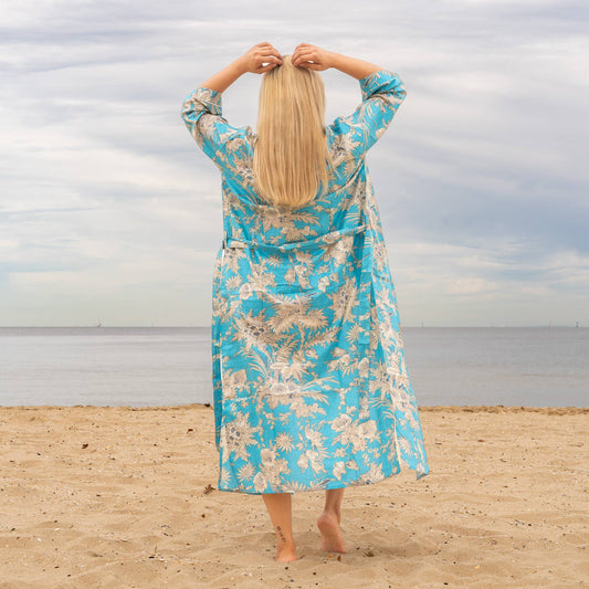 Soft cotton kimono robe with elegant floral design
