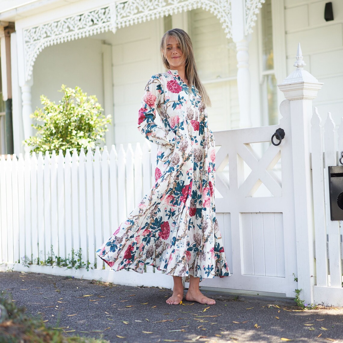 Beach Resort Bliss 100% Cotton Maxi Dress – Boho Floral Hand-Screen Printed, S/M & L/XL, Limited Edition