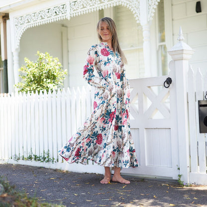 Beach Resort Bliss 100% Cotton Maxi Dress – Boho Floral Hand-Screen Printed, S/M & L/XL, Limited Edition