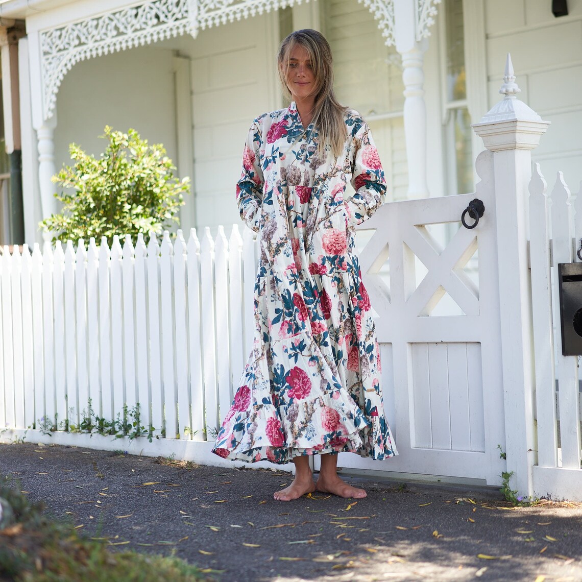 Beach Resort Bliss 100% Cotton Maxi Dress – Boho Floral Hand-Screen Printed, S/M & L/XL, Limited Edition