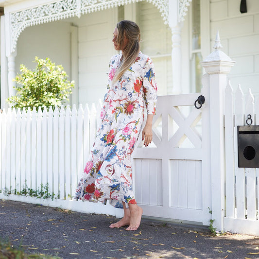Stylish long kimono dress with elegant floral details
