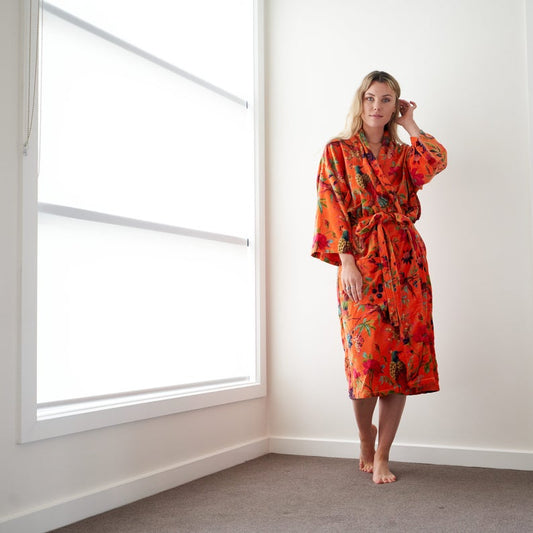 Frida Floral Velvet Kimono – Hand-Printed Cotton Boho Lounge Robe