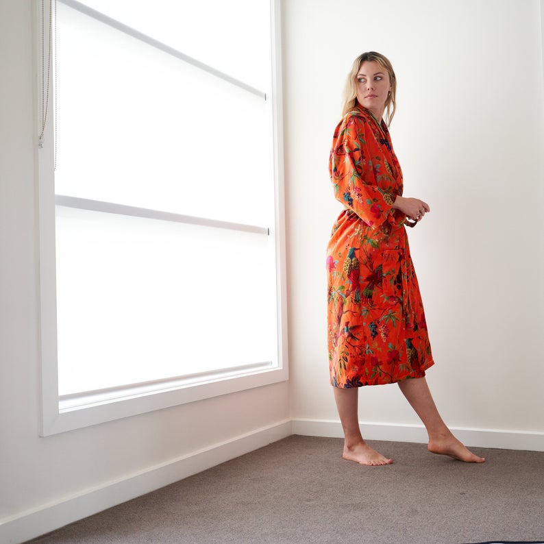 Frida Floral Velvet Kimono – Hand-Printed Cotton Boho Lounge Robe