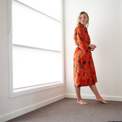 Frida Floral Velvet Kimono – Hand-Printed Cotton Boho Lounge Robe