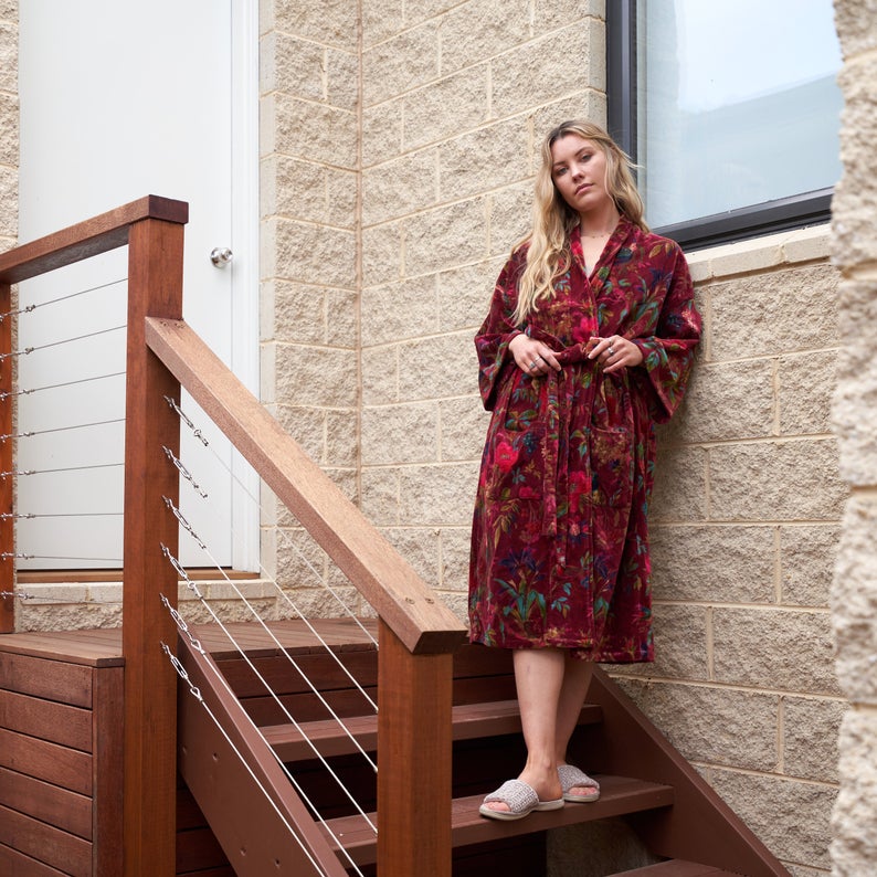Plush Petals Kimono – Frida Kahlo Inspired Hand-Printed Velvet Robe