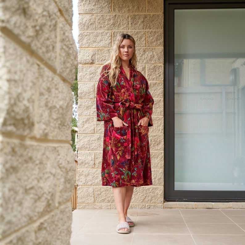 Plush Petals Kimono – Frida Kahlo Inspired Hand-Printed Velvet Robe