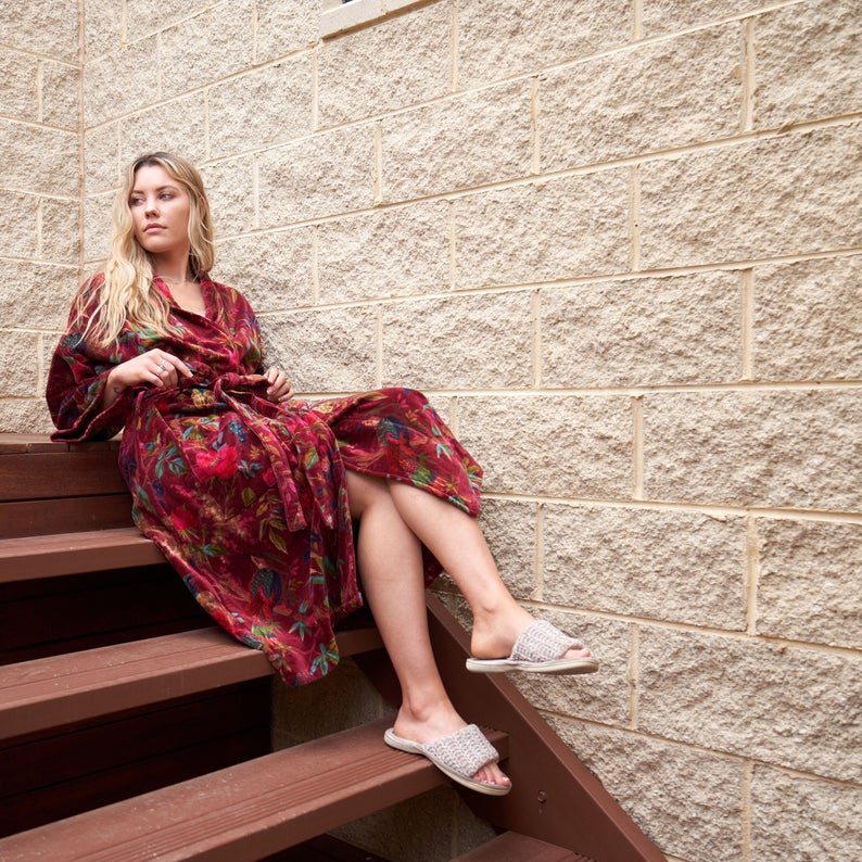 Plush Petals Kimono – Frida Kahlo Inspired Hand-Printed Velvet Robe