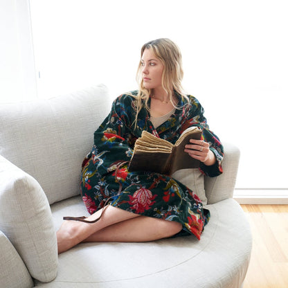 Chic Luxury Kimono – Frida Kahlo Inspired Hand-Printed Velvet Robe