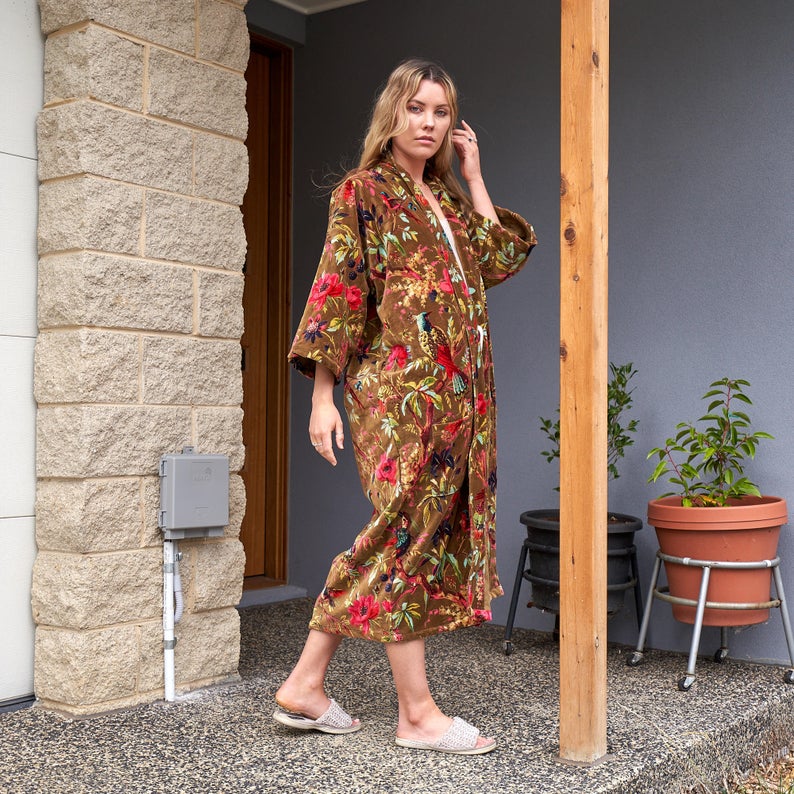 Velveteen Dreams Kimono – Frida Kahlo Inspired Hand-Printed Velvet Robe