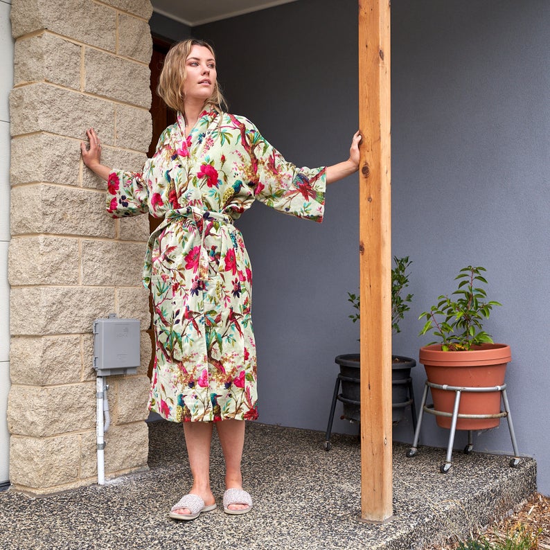 Luxe Lounge Kimono – Frida Kahlo Inspired Hand-Printed Velvet Robe