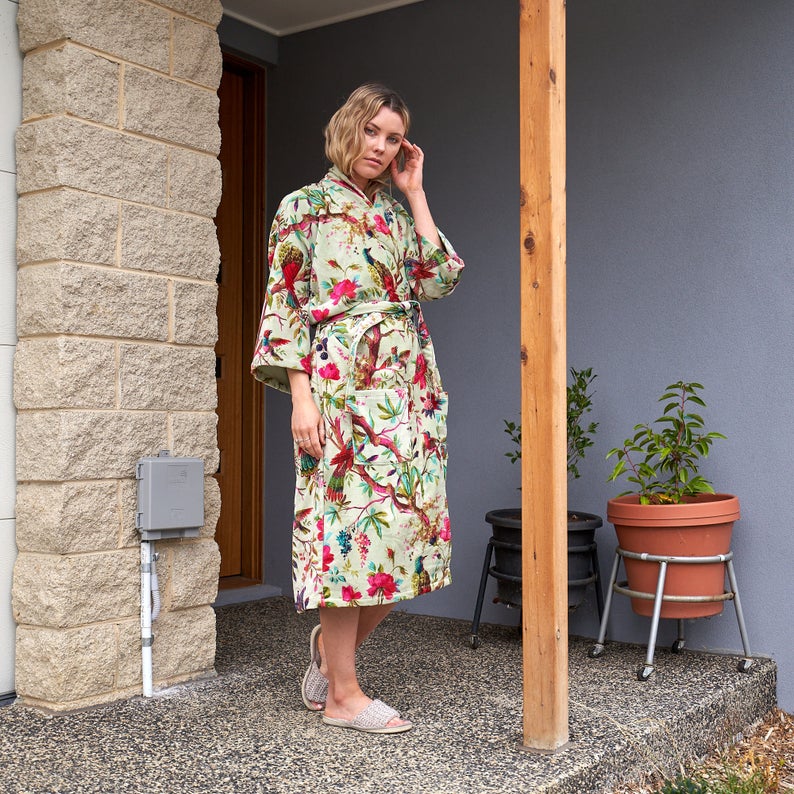 Luxe Lounge Kimono – Frida Kahlo Inspired Hand-Printed Velvet Robe
