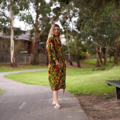 Opulent Oasis Kimono – Frida Kahlo Inspired Hand-Printed Velvet Robe