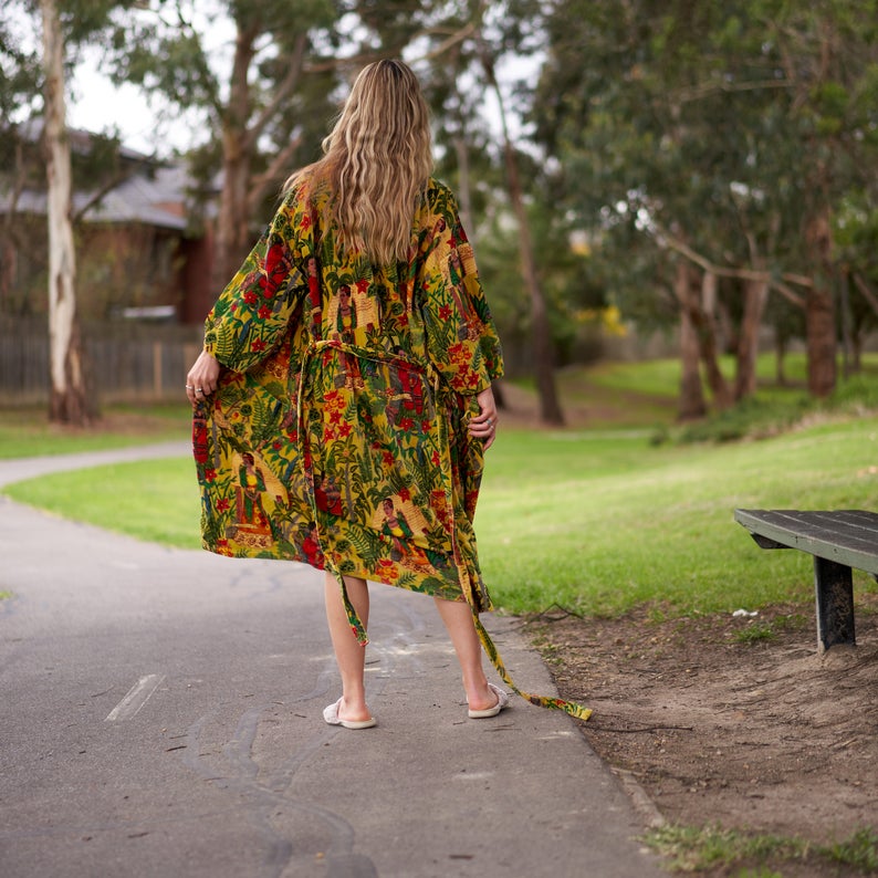 Opulent Oasis Kimono – Frida Kahlo Inspired Hand-Printed Velvet Robe