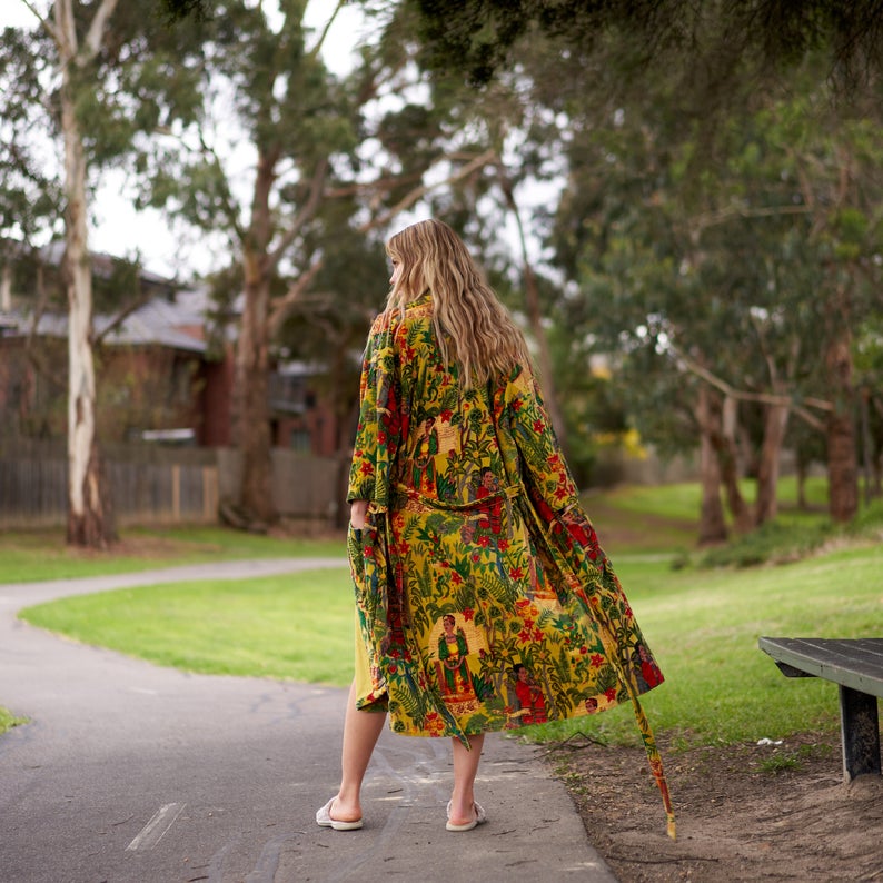 Opulent Oasis Kimono – Frida Kahlo Inspired Hand-Printed Velvet Robe