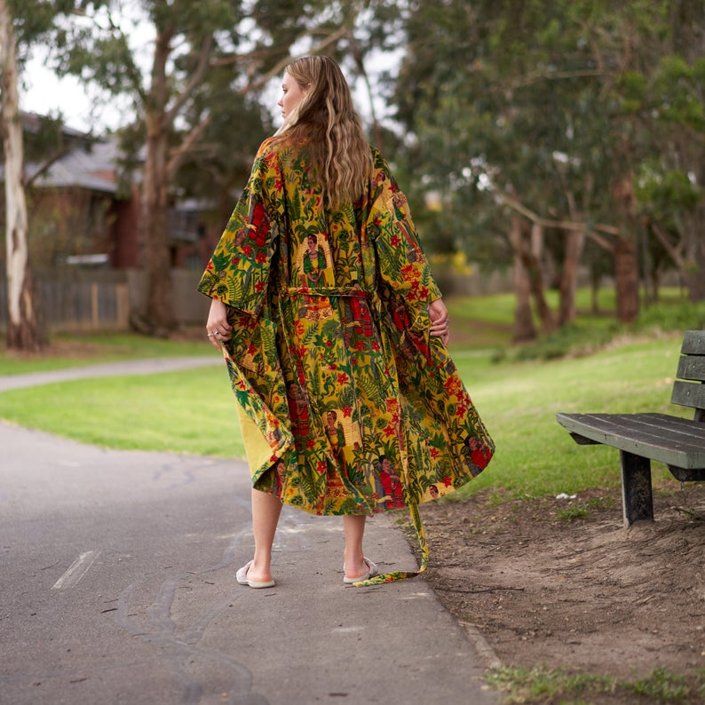 Opulent Oasis Kimono – Frida Kahlo Inspired Hand-Printed Velvet Robe