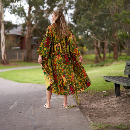 Opulent Oasis Kimono – Frida Kahlo Inspired Hand-Printed Velvet Robe