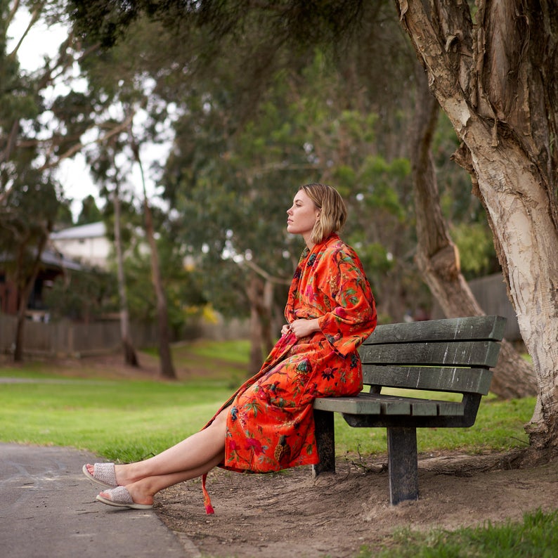 Timeless Elegance Kimono – Frida Kahlo Inspired Hand-Printed Velvet Robe