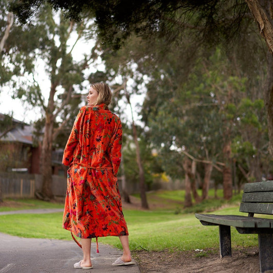 Timeless Elegance Kimono – Frida Kahlo Inspired Hand-Printed Velvet Robe