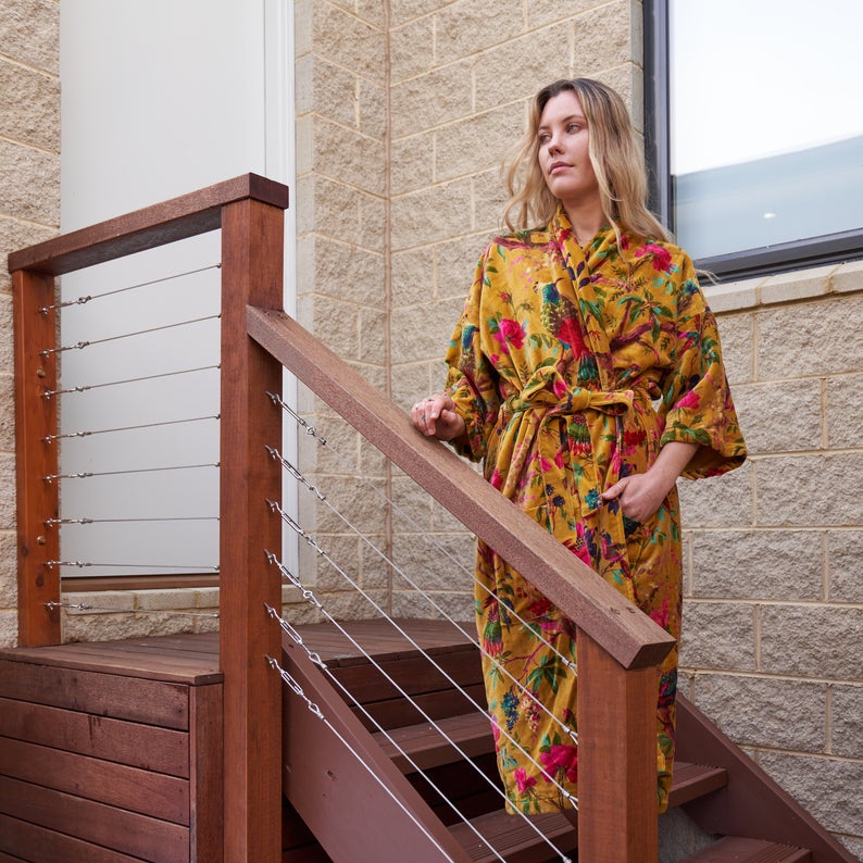 Royal Garden Kimono – Frida Kahlo Inspired Hand-Printed Velvet Robe