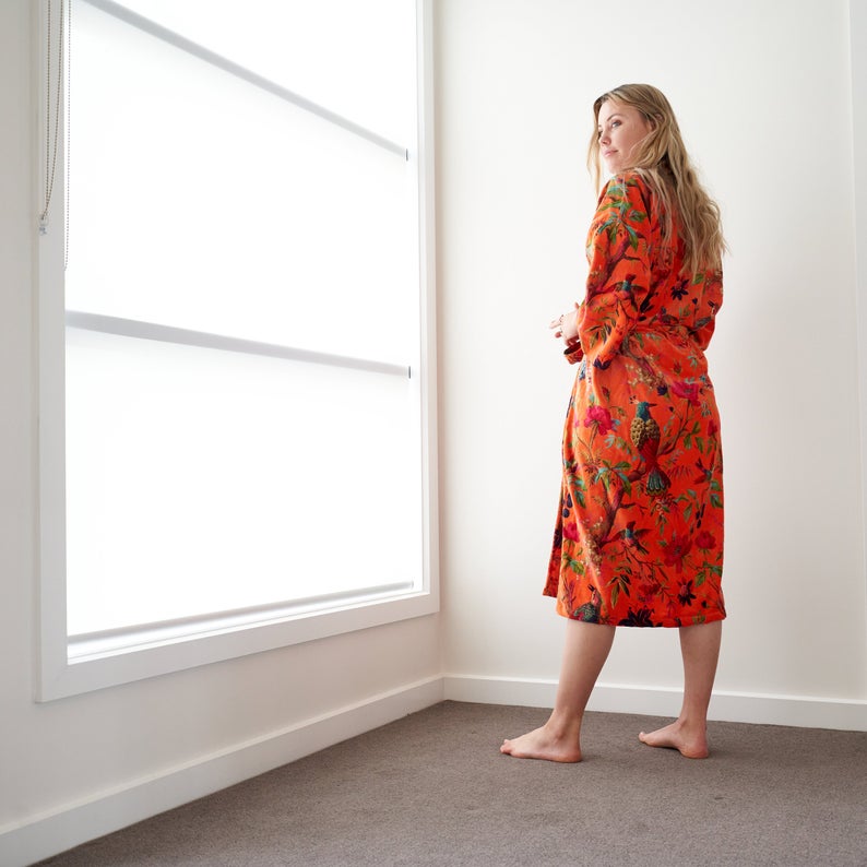 Frida Floral Velvet Kimono – Hand-Printed Cotton Boho Lounge Robe