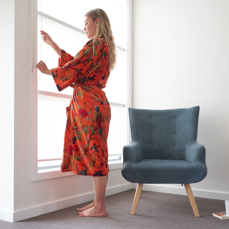 Frida Floral Velvet Kimono – Hand-Printed Cotton Boho Lounge Robe
