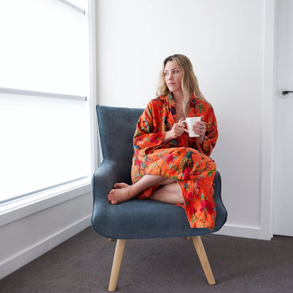 Frida Floral Velvet Kimono – Hand-Printed Cotton Boho Lounge Robe
