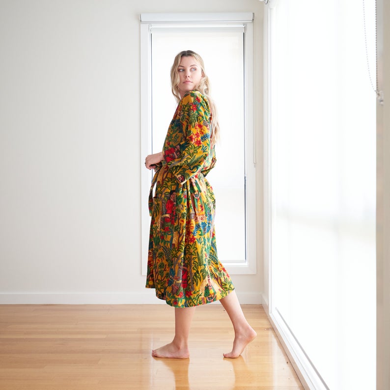 Soft Sophistication Kimono – Hand-Printed Frida Kahlo Inspired Velvet Robe