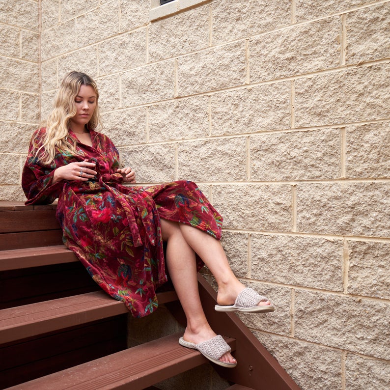 Plush Petals Kimono – Frida Kahlo Inspired Hand-Printed Velvet Robe