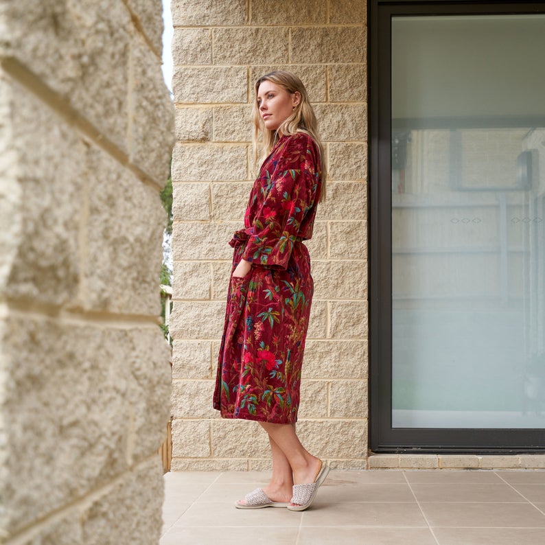 Plush Petals Kimono – Frida Kahlo Inspired Hand-Printed Velvet Robe