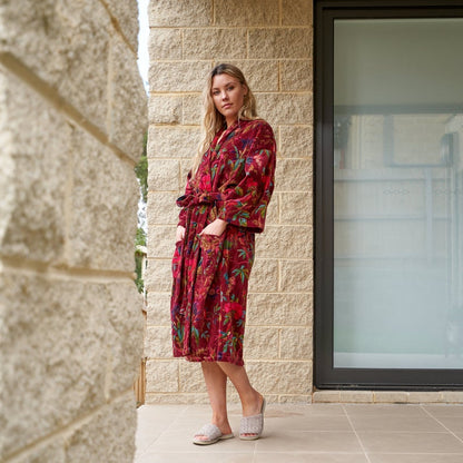 Plush Petals Kimono – Frida Kahlo Inspired Hand-Printed Velvet Robe