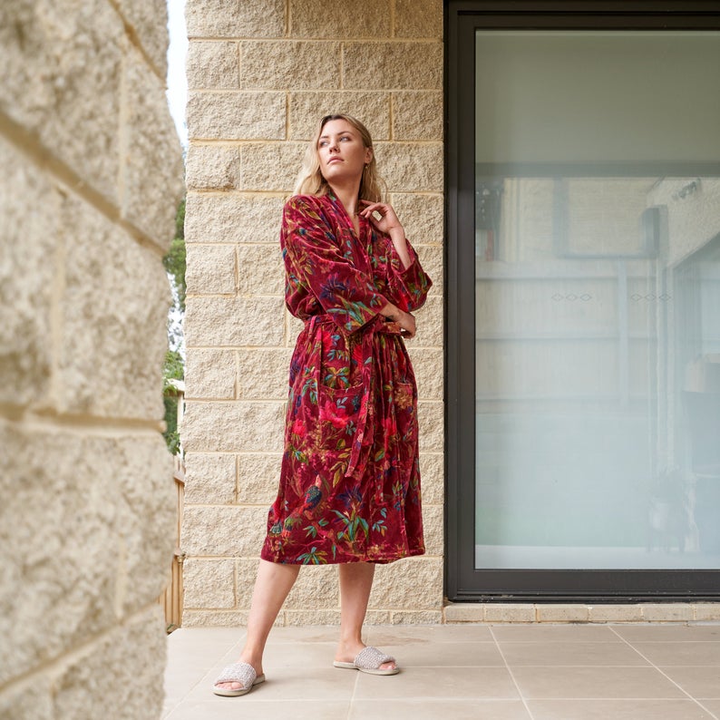 Plush Petals Kimono – Frida Kahlo Inspired Hand-Printed Velvet Robe