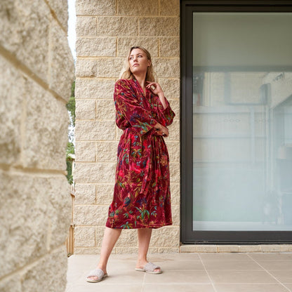 Plush Petals Kimono – Frida Kahlo Inspired Hand-Printed Velvet Robe