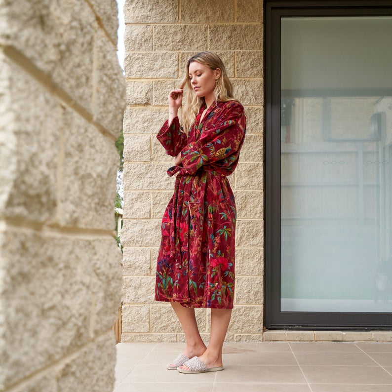 Plush Petals Kimono – Frida Kahlo Inspired Hand-Printed Velvet Robe