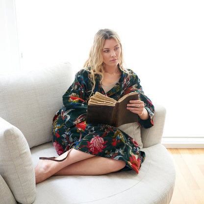 Chic Luxury Kimono – Frida Kahlo Inspired Hand-Printed Velvet Robe