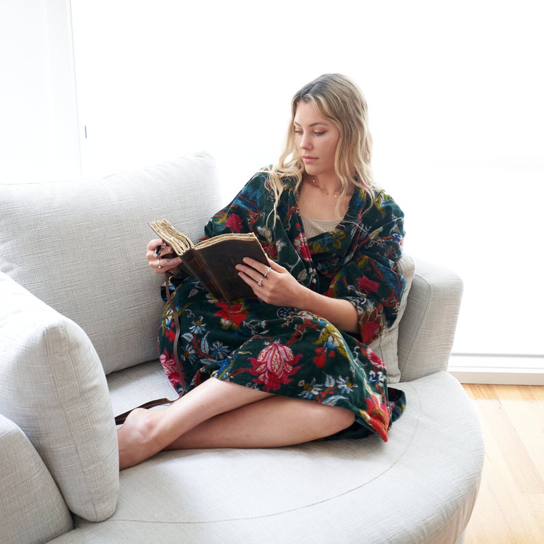 Chic Luxury Kimono – Frida Kahlo Inspired Hand-Printed Velvet Robe