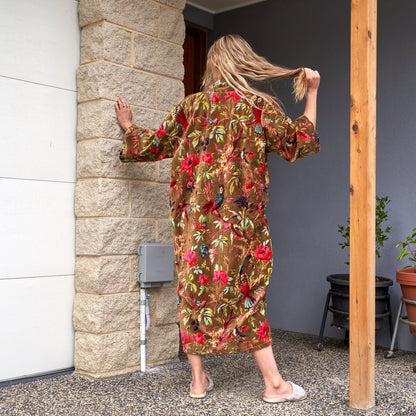Velveteen Dreams Kimono – Frida Kahlo Inspired Hand-Printed Velvet Robe