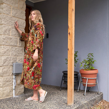Velveteen Dreams Kimono – Frida Kahlo Inspired Hand-Printed Velvet Robe