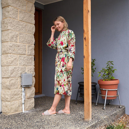 Luxe Lounge Kimono – Frida Kahlo Inspired Hand-Printed Velvet Robe